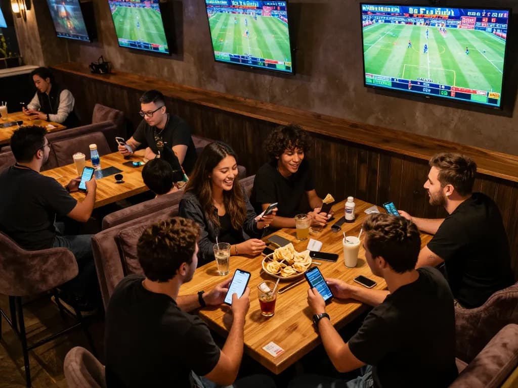 excited patrons engaged in sports betting at Hi88, showcasing live odds and mobile gaming action