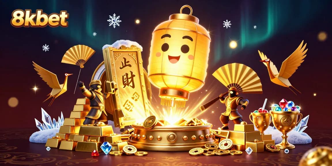 Experience the excitement of 8xbet with a vibrant illustration featuring golden lantern spirits and treasure elements.