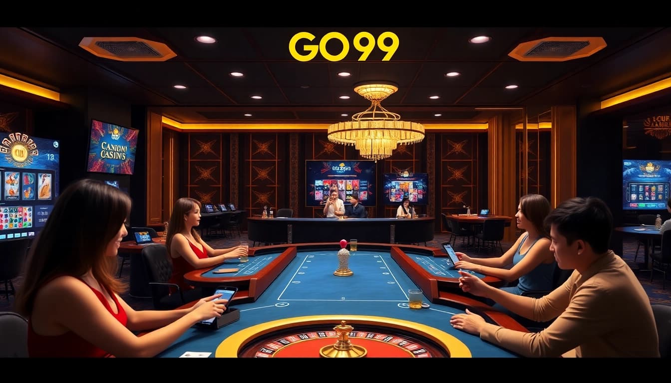 Dynamic gaming scene featuring GO99's live casino experience with interactive dealers and vibrant slot games.