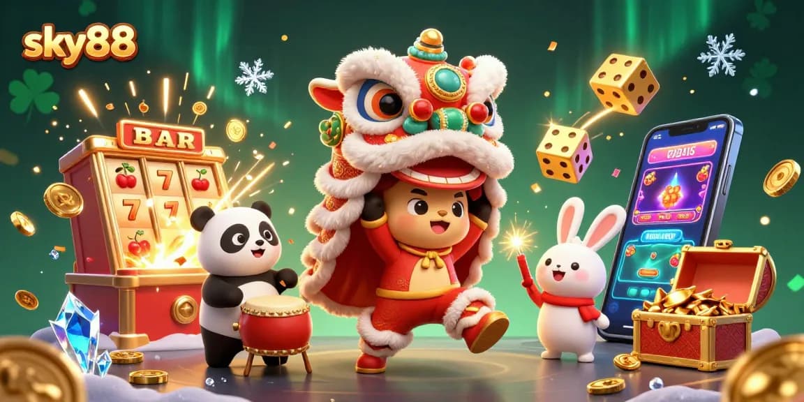 Experience thrilling wins with sky88's vibrant gaming atmosphere, featuring lively characters and exciting slot elements.