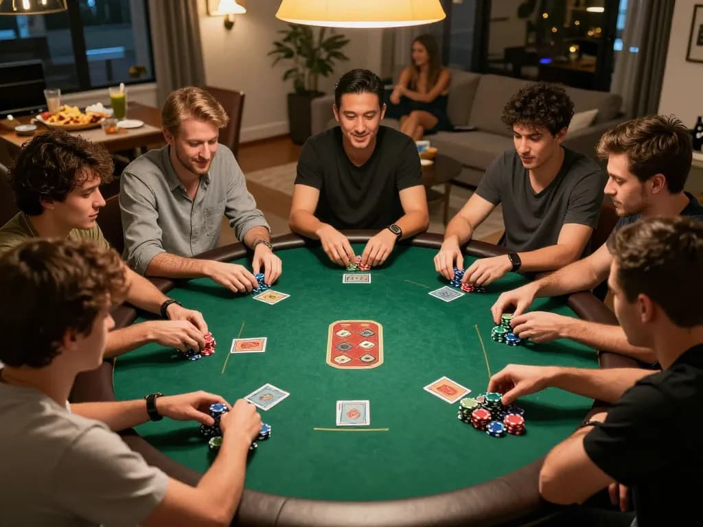 Permainan poker yang menarik di rumah, menyoroti persahabatan teman dan kesenangan strategis dengan idn777.
