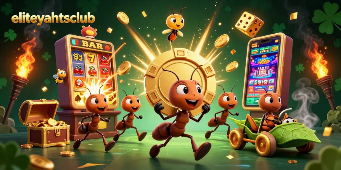 Ants executing a heist with a giant poker chip in a vibrant eliteyachtsclub casino scene