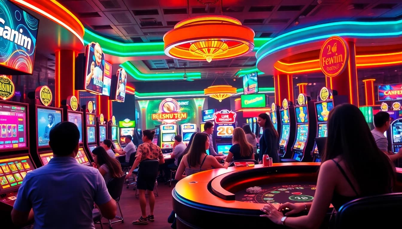 Engaging scene of players enjoying 98win online casino, showcasing vibrant games and enthusiastic atmosphere.