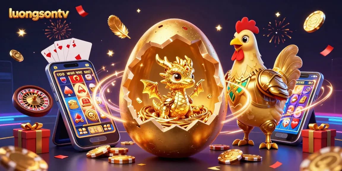 Experience high-stakes gaming with luongsontv's golden dragon and poker chips illustration.