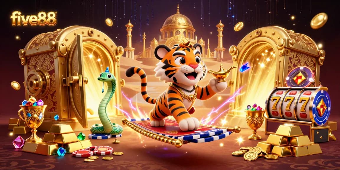 Experience the excitement of five88 with a vibrant 3D casino scene featuring a tiger sultan, slot elements, and treasure.