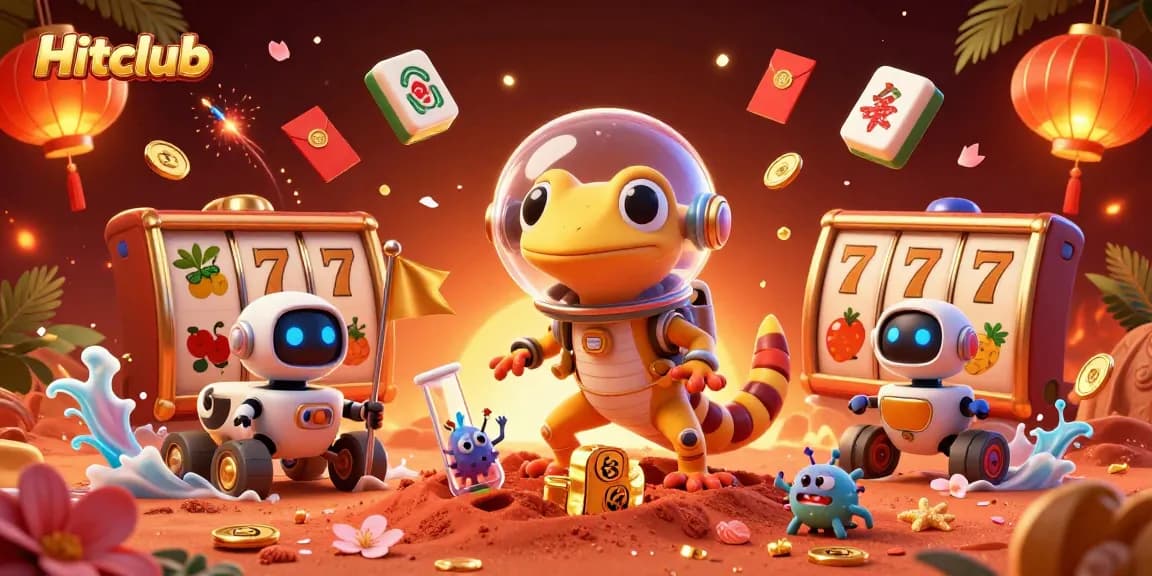 Hitclub players celebrate at an alien casino with vibrant slot reels and golden surprises.