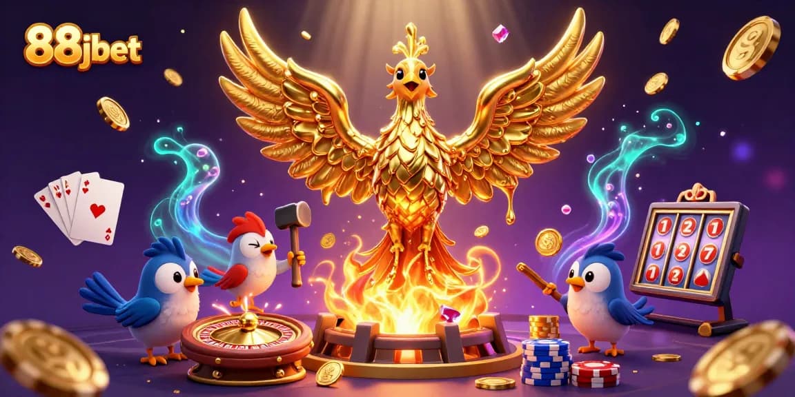 Experience the thrill of 88jbet with a stunning illustration of a molten phoenix and casino elements.