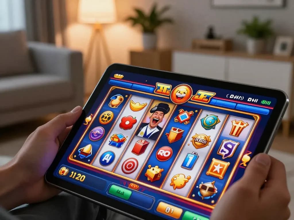 Player celebrating a big win on slot game displayed on a tablet, joyful atmosphere in a modern living room.