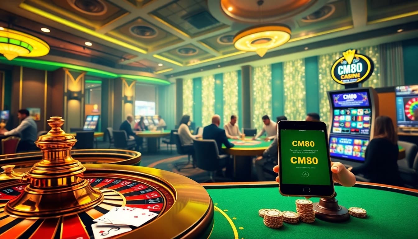 Experience the excitement of CM88 with vibrant casino visuals featuring poker tables and slot machines.