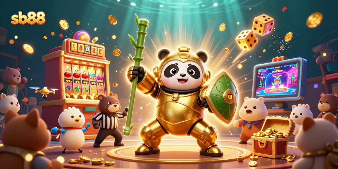 sb88 showcases epic casino action with a golden panda mech-suit in a vibrant gambling arena.