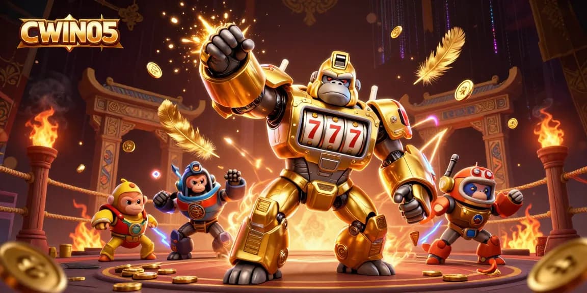 CWIN05 unveils a dynamic illustration of a golden gorilla mech and a tiny monkey pilot amidst a thrilling casino atmosphere, exploding with coins and excitement.