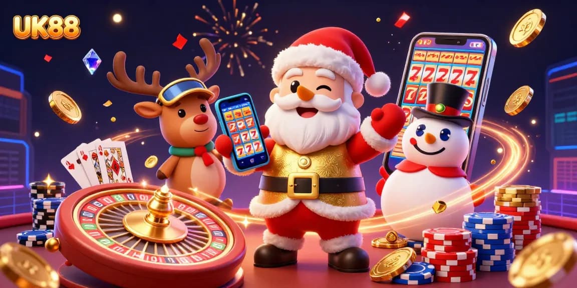 Join the festive fun at UK88 with Santa, his reindeer dealer, and a poker chip snowman!