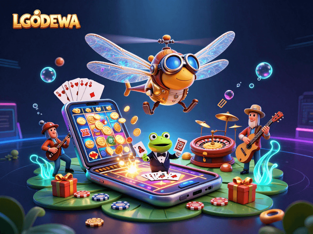 Experience thrilling gaming adventures with LGODEWA, showcasing cards, slots, and vibrant casino elements.