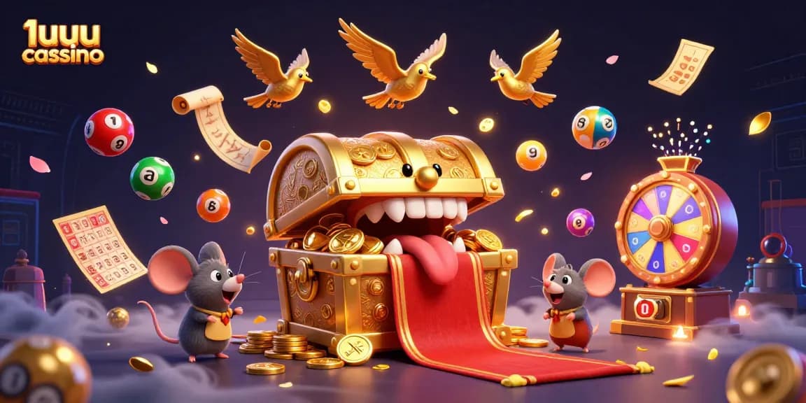 Experimente a emoção do 1uuu cassino com tesouros e jogos vibrantes na ilustração.