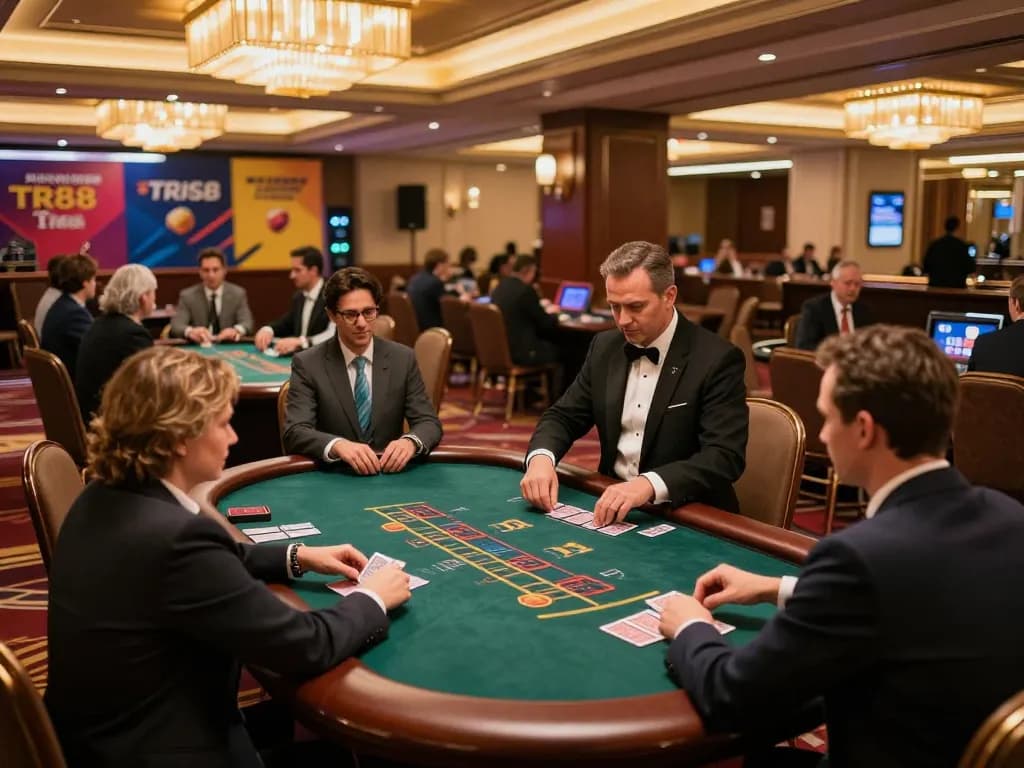 Players strategize at TR88 blackjack table, immersing in the lively atmosphere and vibrant decor.