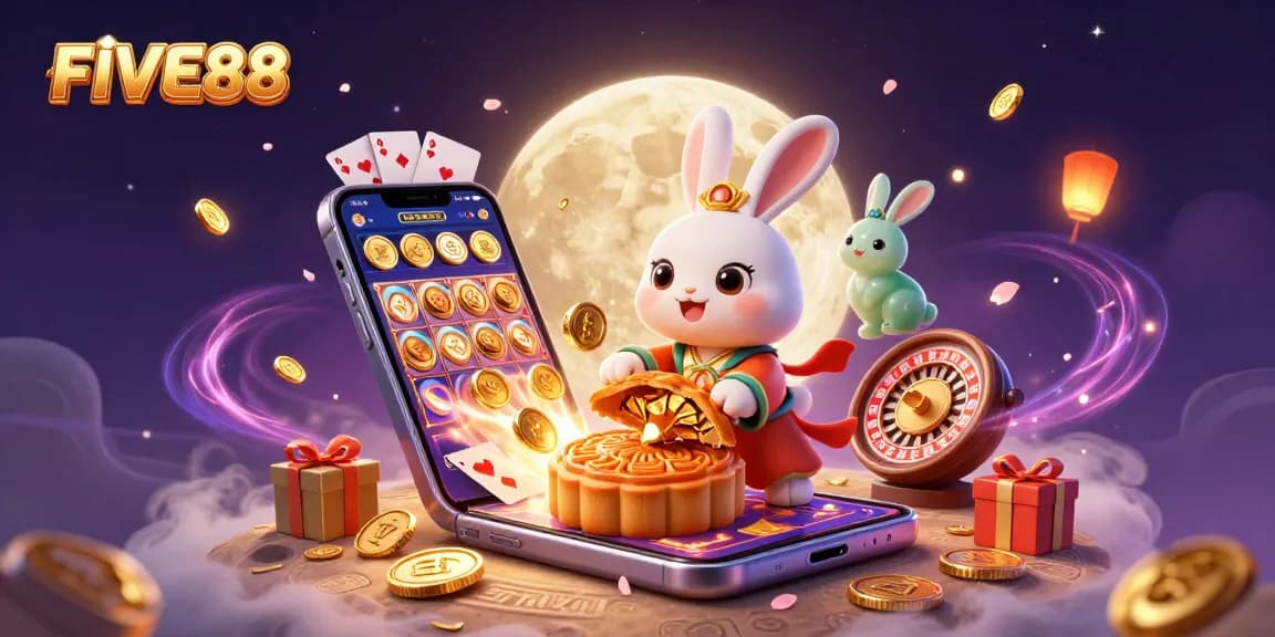 Join the FIVE88 moon rabbit as it reveals poker chips from golden mooncakes amidst dynamic casino elements.