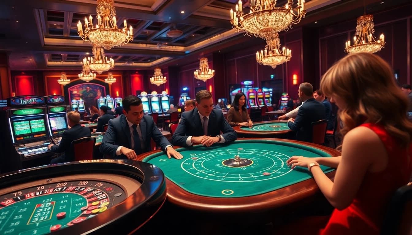 Experience the excitement of FB88 with players at a vibrant casino table, showcasing high-stakes action.