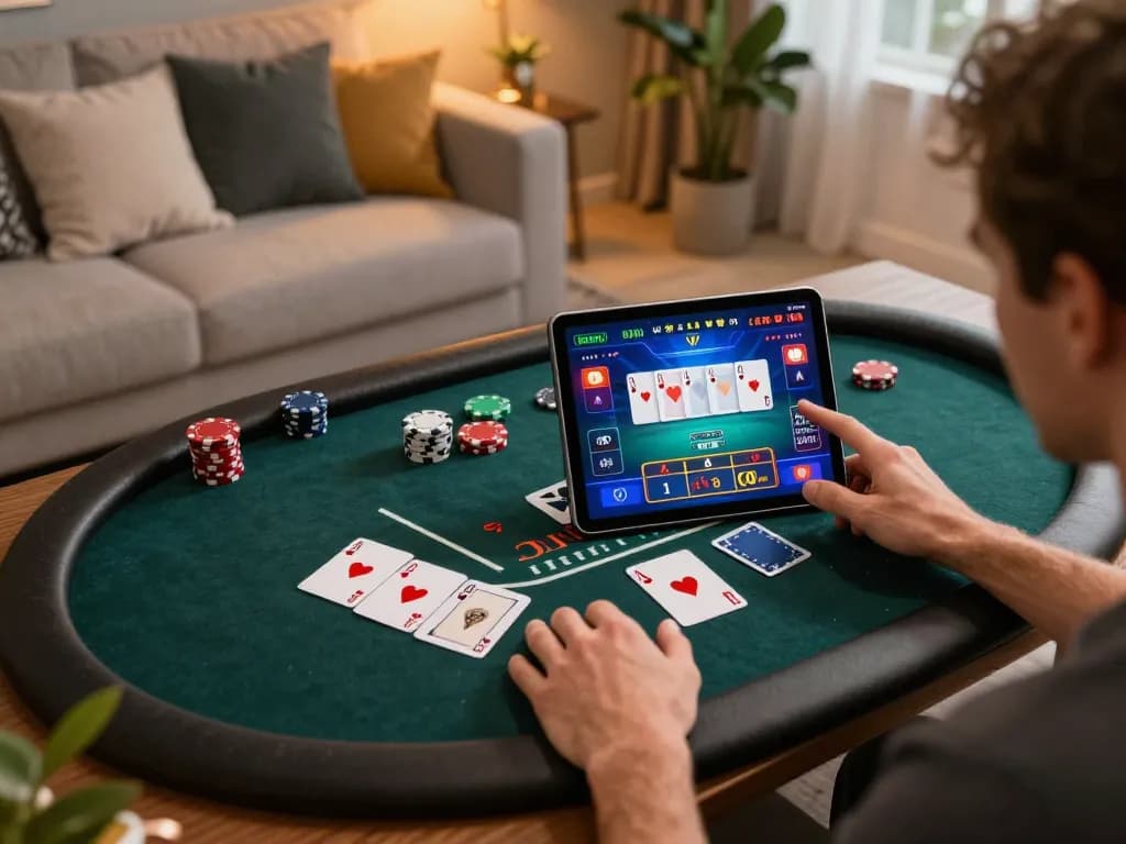 Fun88 player engaging in live casino gaming with vibrant poker interface on a tablet