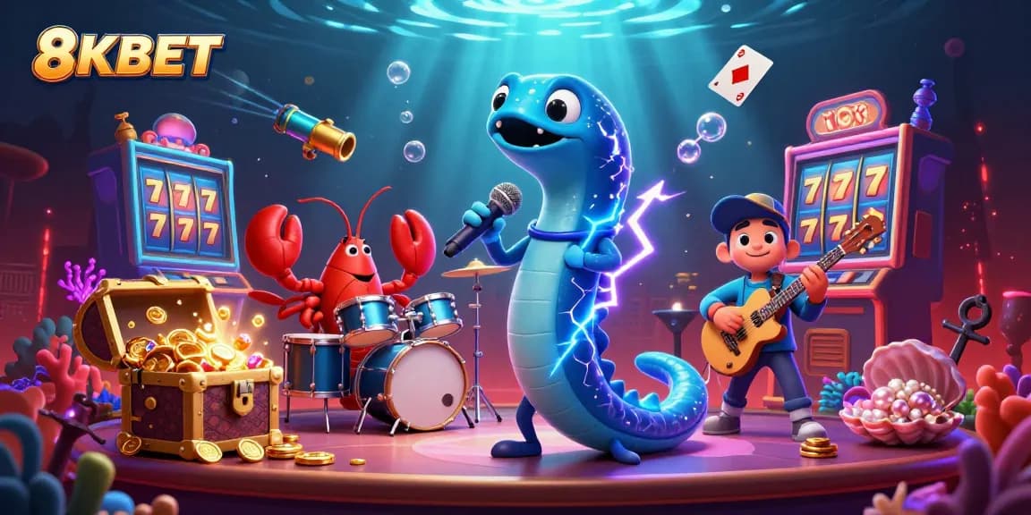 8KBET promotes an exciting underwater casino scene with a DJ electric eel, lobster drummer, and seahorse guitarist.