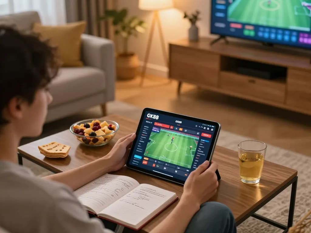 Engaging with GK88 sports betting interface on a tablet in a cozy home setting.