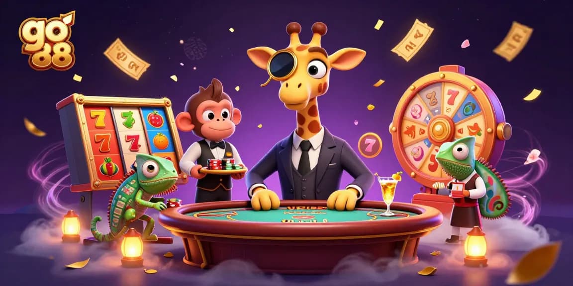 Experience winning thrills at go 88 with a lively gambling scene featuring a high-roller giraffe and vibrant slot elements.