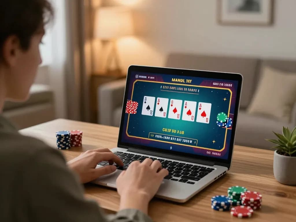 Player engaging with tr88it live dealer game on a laptop in a cozy home office.