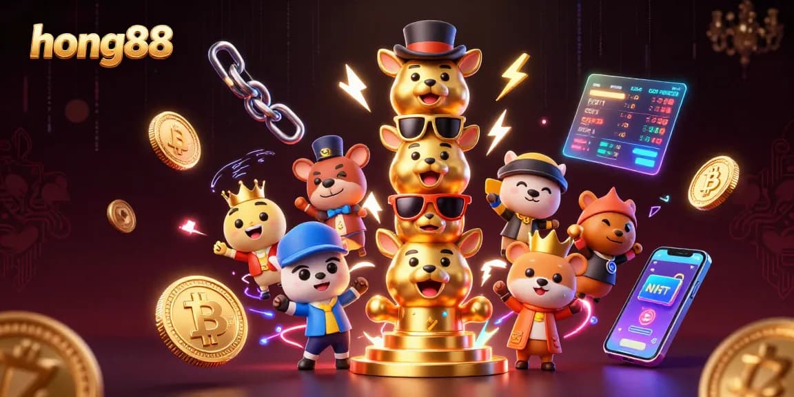 Experience gaming excitement at hong88 with vibrant 3D totem and dynamic crypto elements.