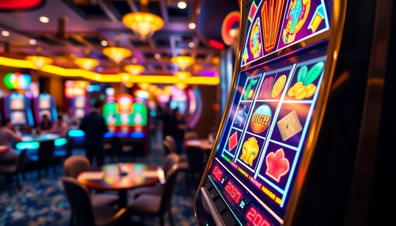 Menampilkan slot gacor dengan simbol cerah dan uang koin berjatuhan di kasino yang ramai.