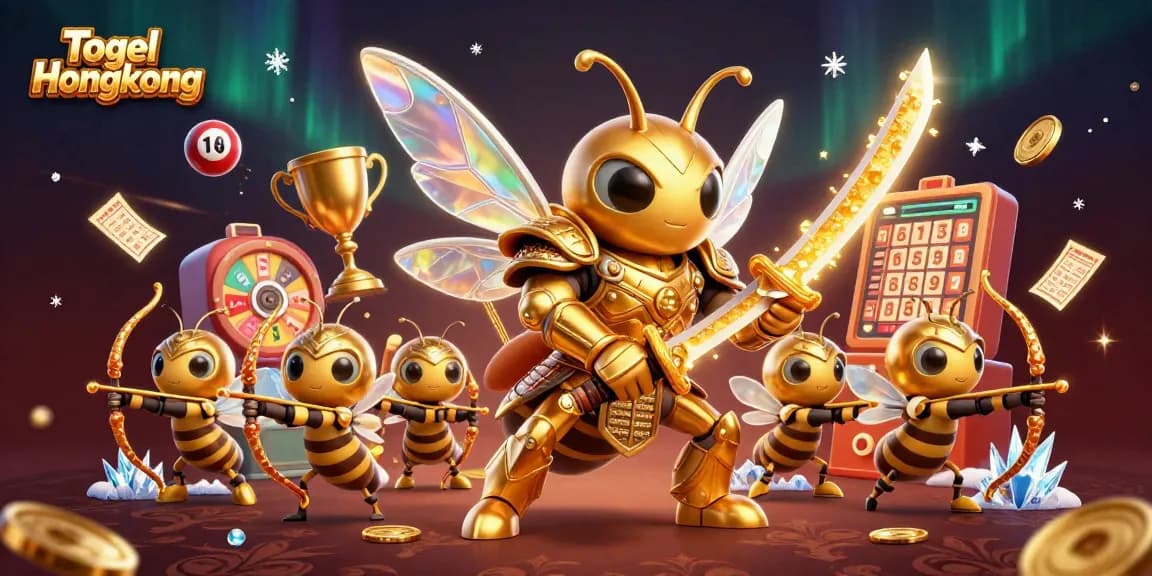 Togel Hongkong excitement illustrated with a golden hornet samurai, dynamic lottery elements, vibrant colors.