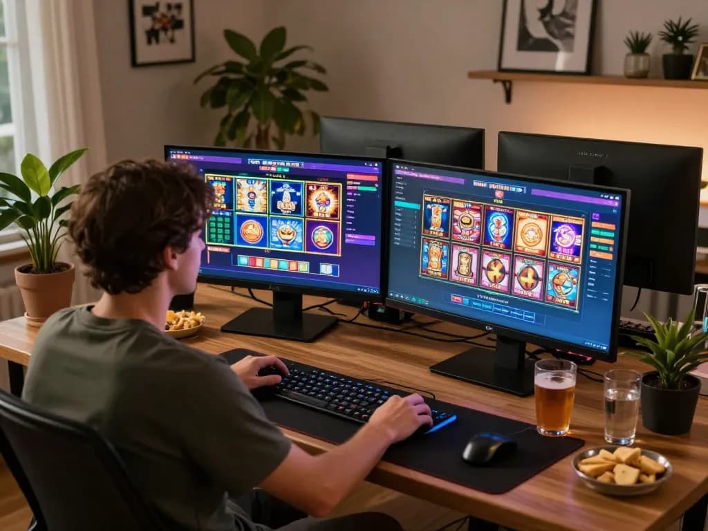 Engaging in online slots gameplay at a stylish home setup of dual monitors and cozy lighting