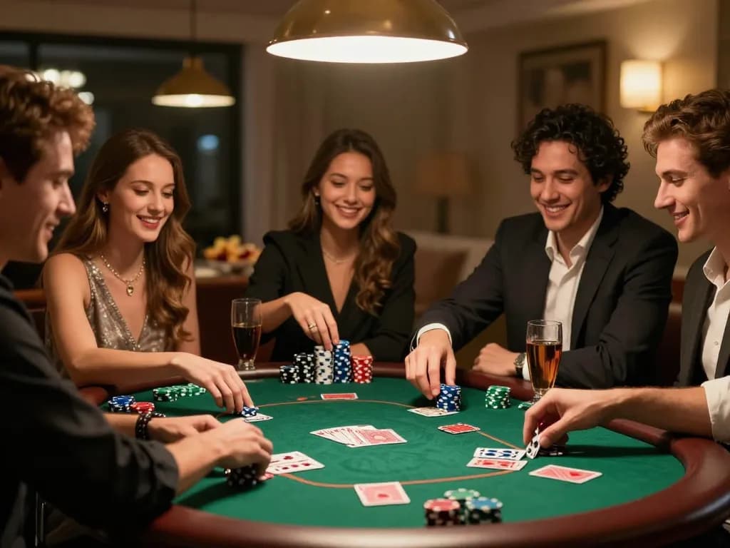Nhatvip players enjoying a lively poker game with chips and cards in a cozy atmosphere.