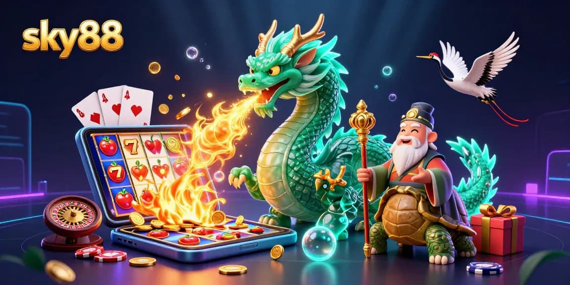 Engage in thrilling slots at sky88 with a dynamic illustration featuring a jade dragon, turtle sage, and lucky cranes.