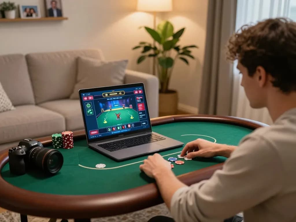 Engaging player strategizing on 789f poker interface in cozy home setting