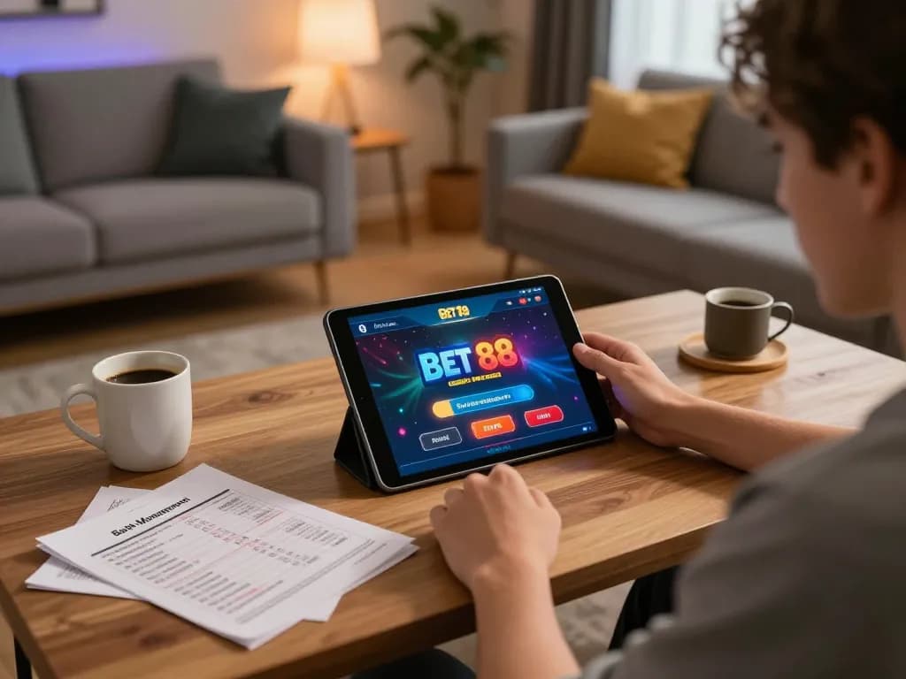 Engaging with Bet 88 app on tablet in cozy home gaming setup, showcasing strategic bankroll management.