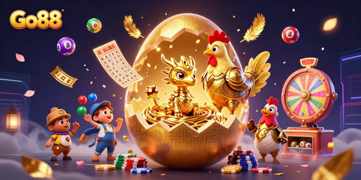 Go88 offers excitement as a golden dragon emerges from a nest of poker chips in a vibrant casino scene.