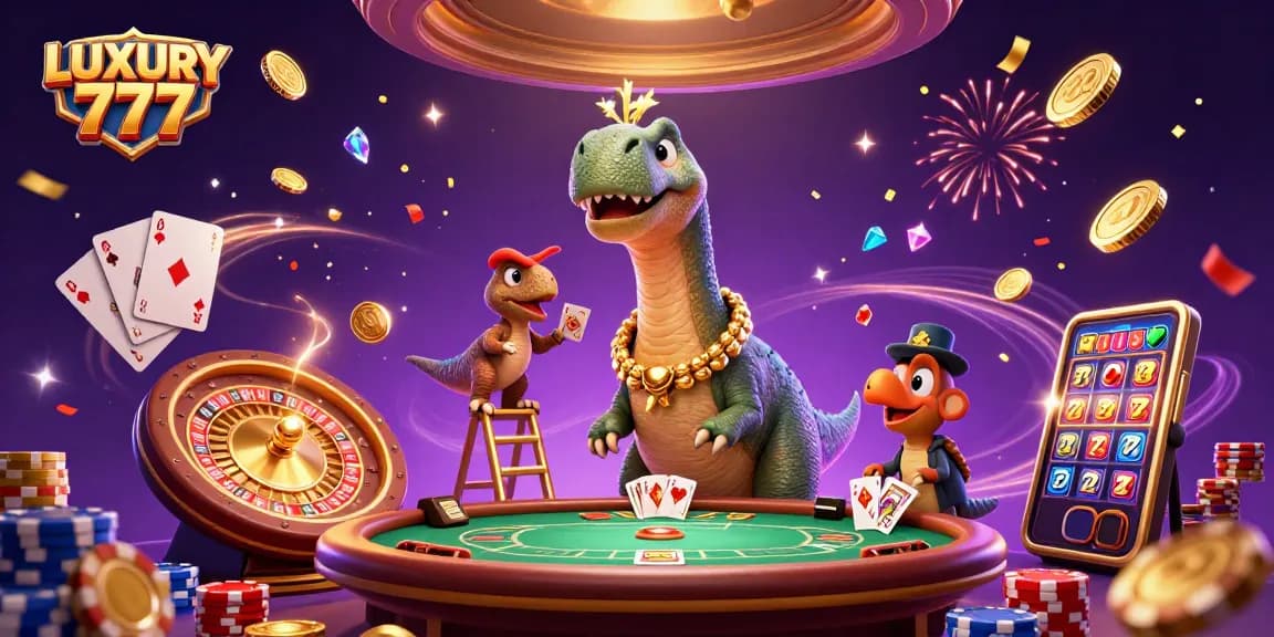 Permainan peluang LUXURY 777 di kasino dengan brontosaurus besar yang menarik perhatian.
