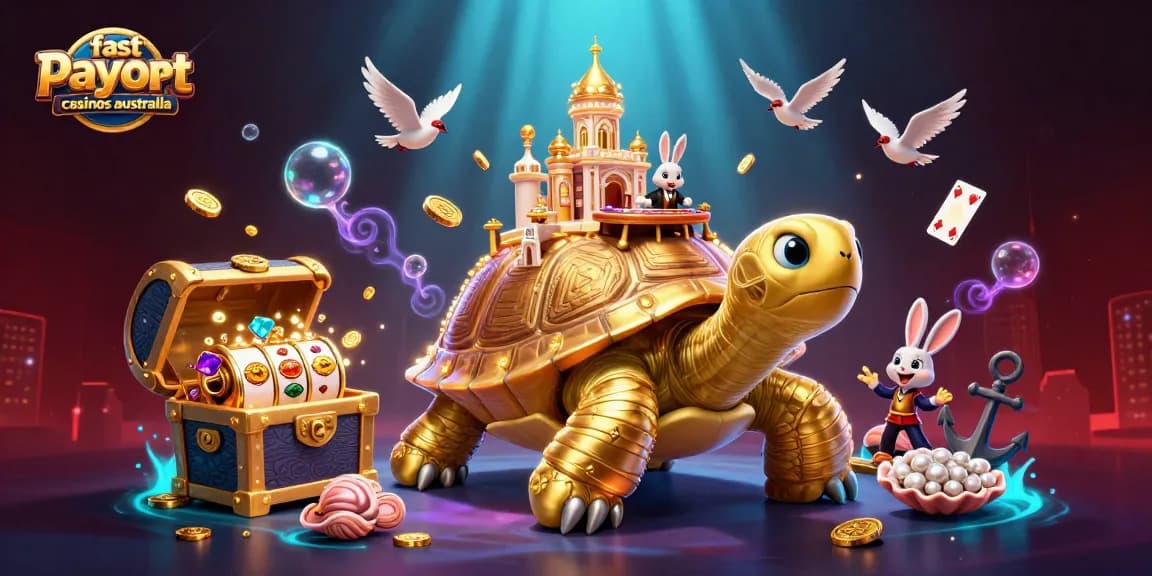 Engage with fast payout casinos Australia illustrated by a whimsical scene featuring a golden tortoise casino.