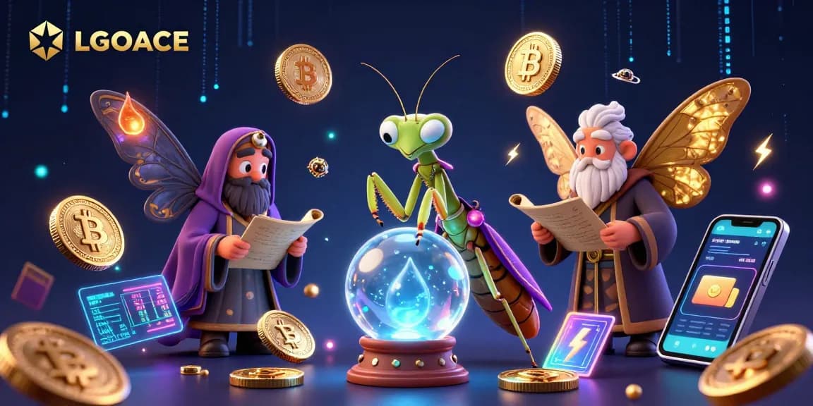 LGOACE showcases a vibrant casino scene with a cartoon fortune teller amid cryptocurrency elements and glowing coins.