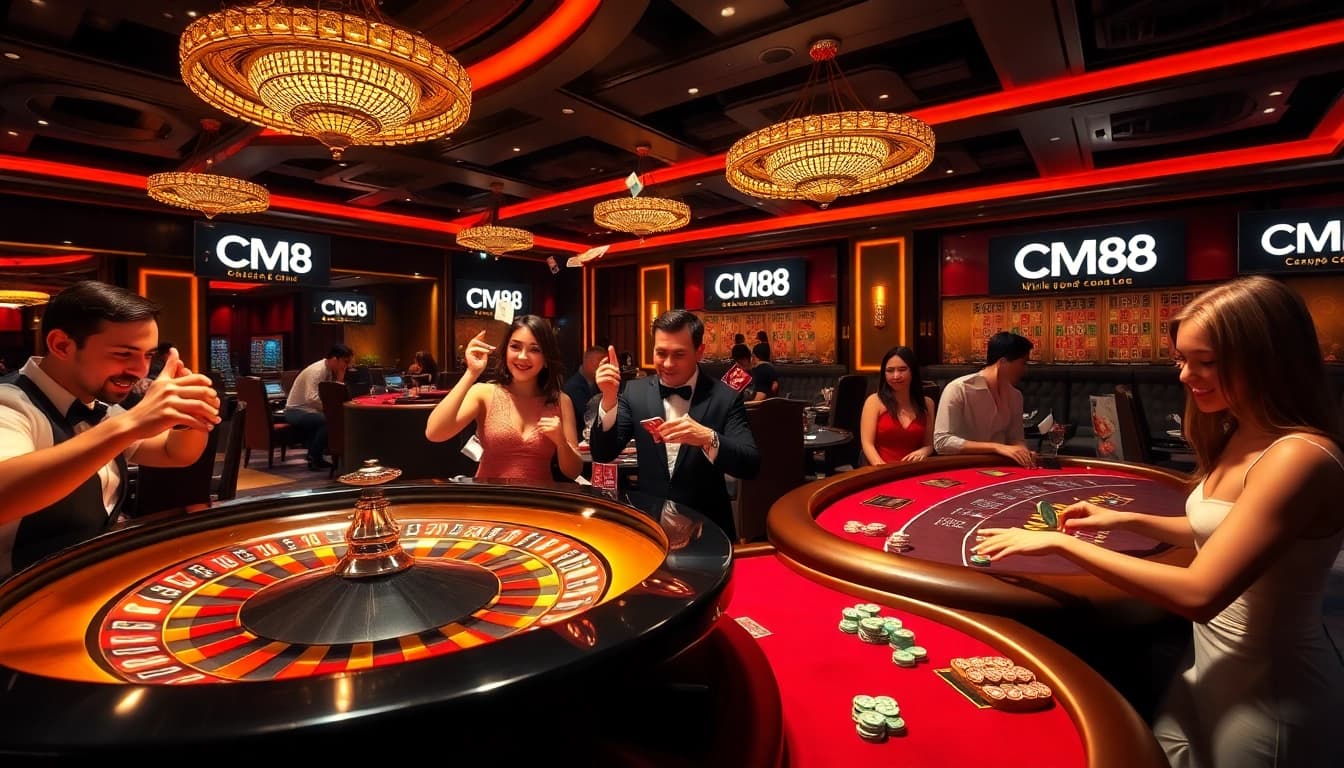 Players enjoying a thrilling game of roulette at CM88 Casino, surrounded by vibrant chips and cards.