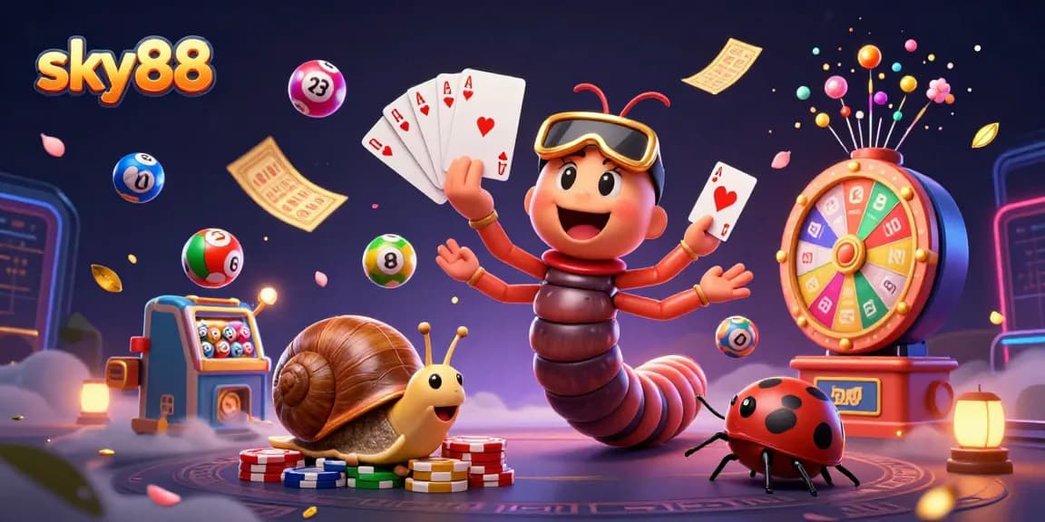 Engage with sky88's exciting lottery scene featuring animated characters and vibrant game elements.
