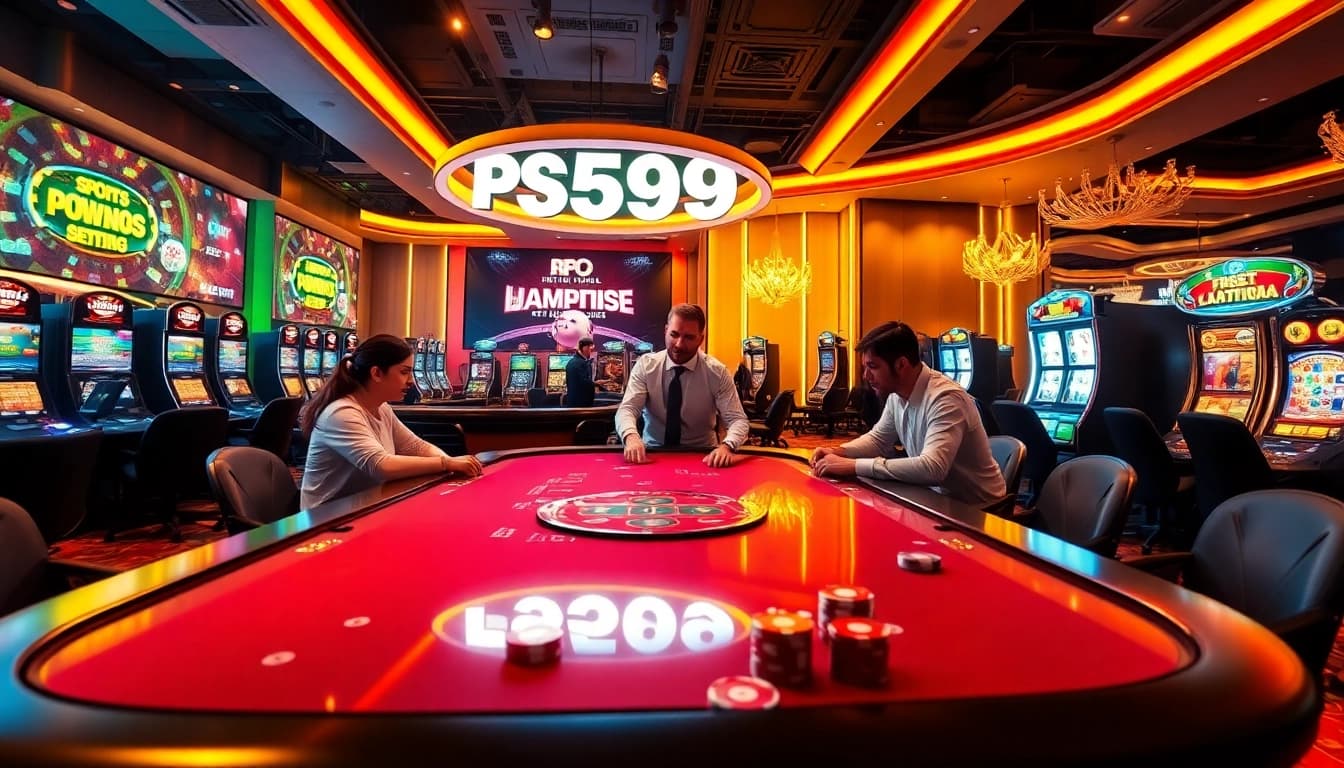 Casino players engaging in exciting games at PS99, featuring vibrant colors and luxurious atmosphere.