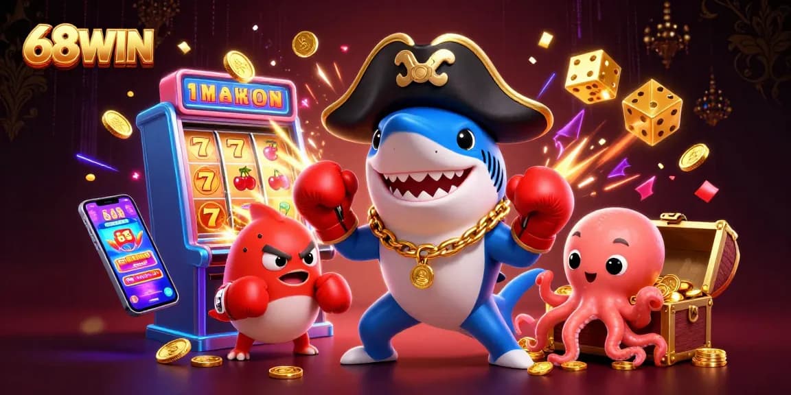 Experience the thrilling creativity of 68WIN with a cartoon shark, pufferfish, and octopus amidst dazzling casino elements