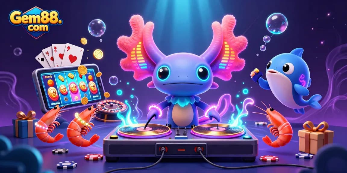 Experience exciting gameplay at Gem88. com with a captivating underwater DJ scene featuring vibrant 3D characters and casino elements.