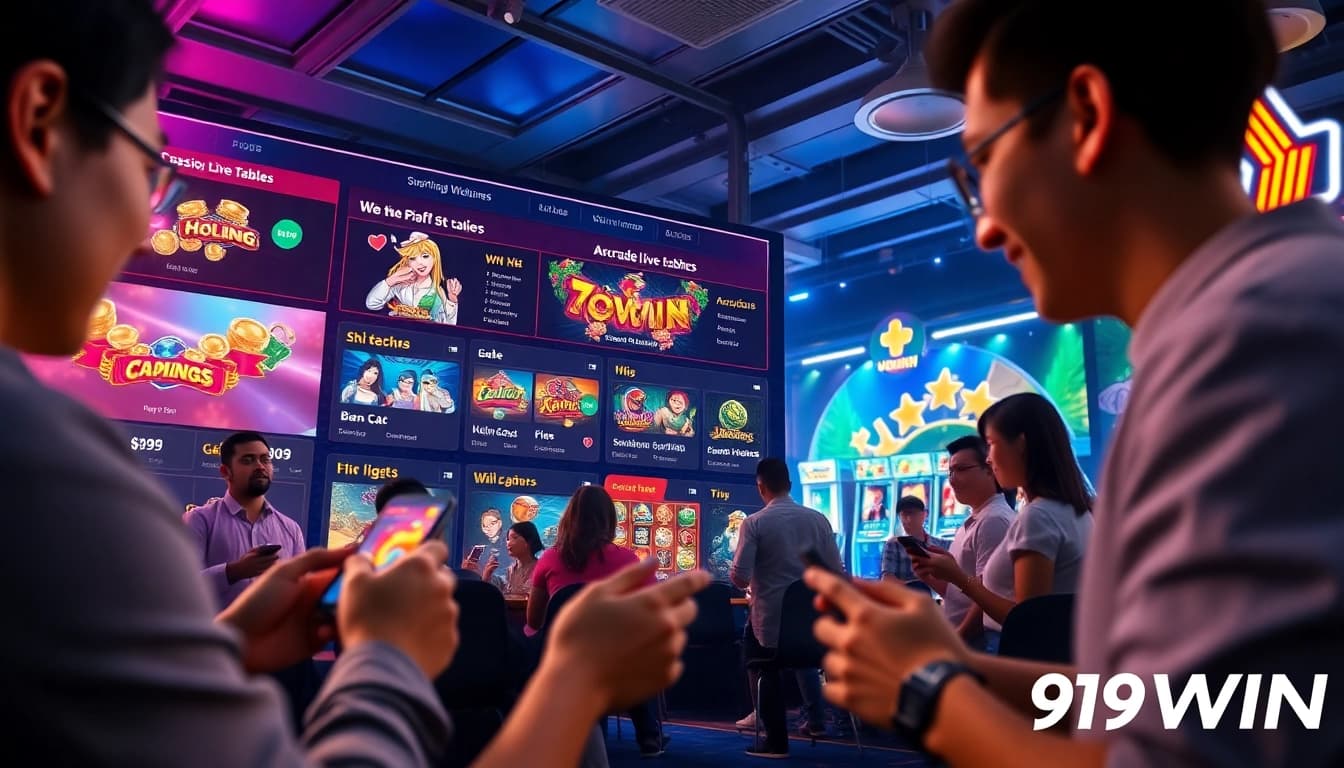 Vibrant online gaming scene showcasing 789WIN with sports betting, casino options, and lively atmosphere.