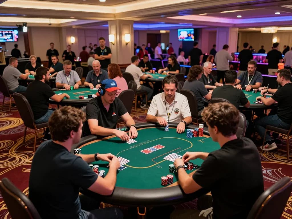 FLY88 poker tournament in an upscale casino, showcasing players in action and competitive atmosphere.