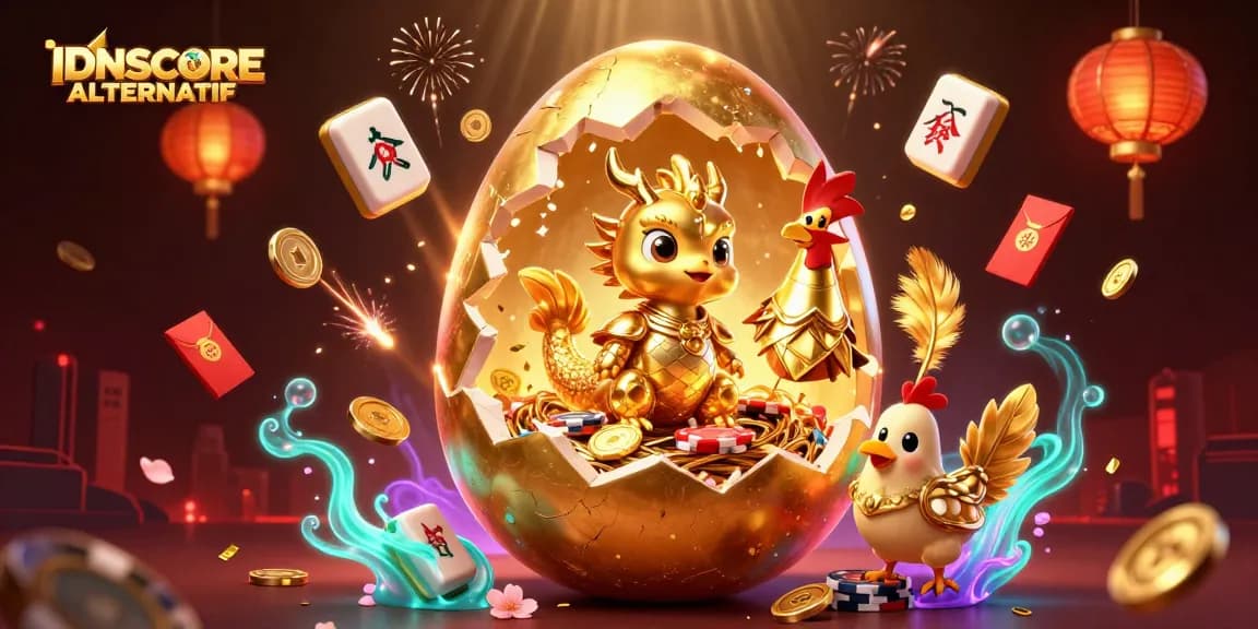 Win big with IDNSCORE ALTERNATIF, featuring vibrant casino elements and a golden dragon.