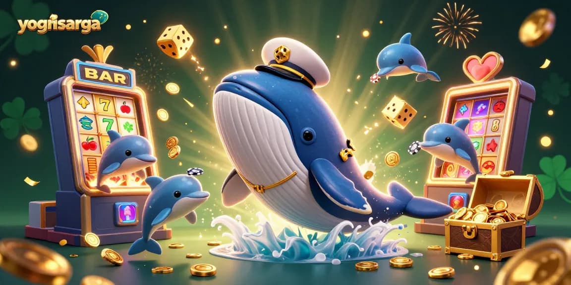 Experience yognisarga in this vibrant 3D casino scene with winning whales and dazzling games