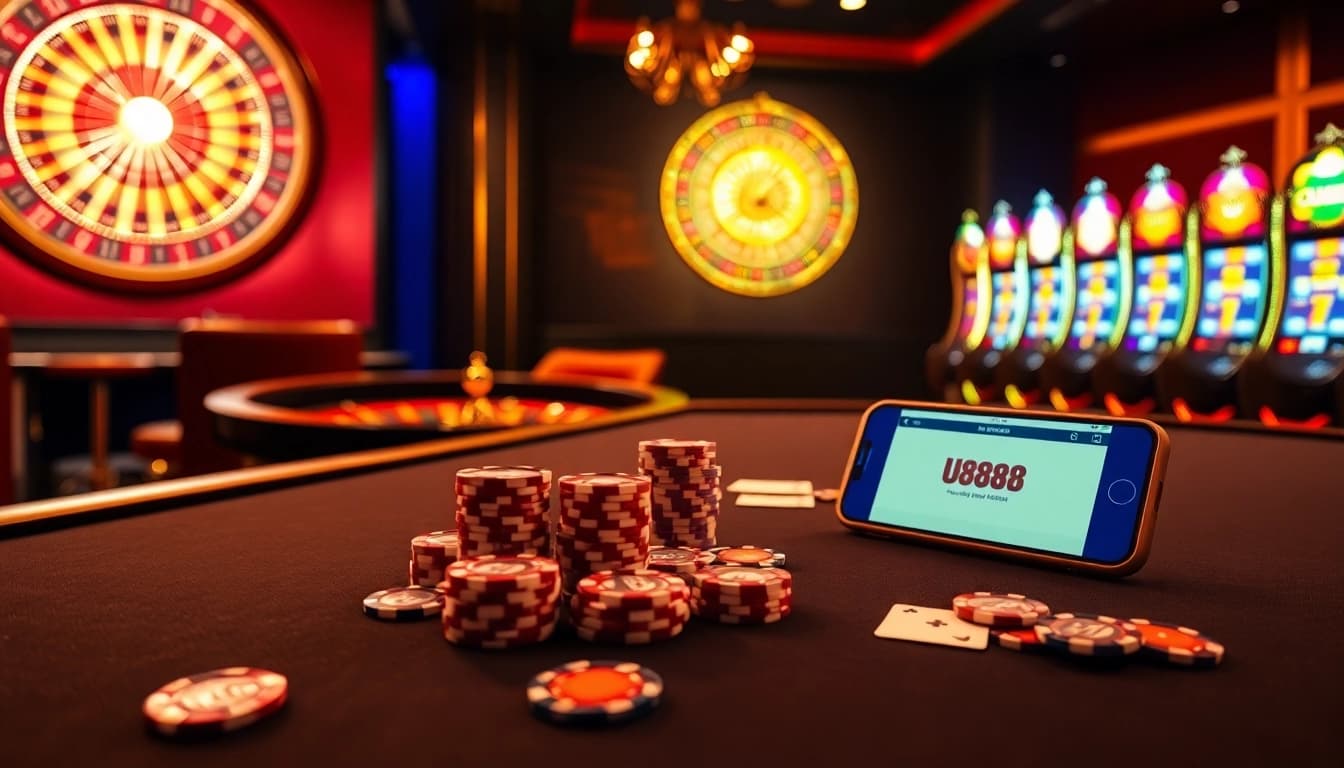 Players enjoying various games at U8888's vibrant casino table, showcasing excitement and luxury.