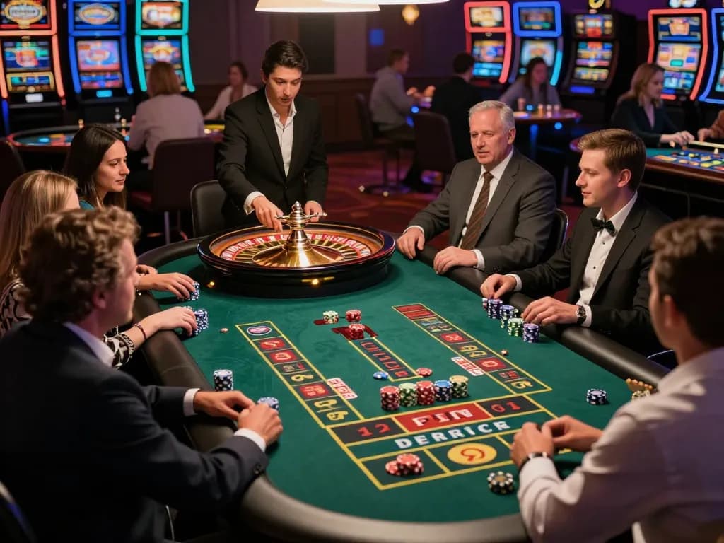 Players engaged in an exciting roulette game at LC88, showcasing vibrant casino atmosphere.