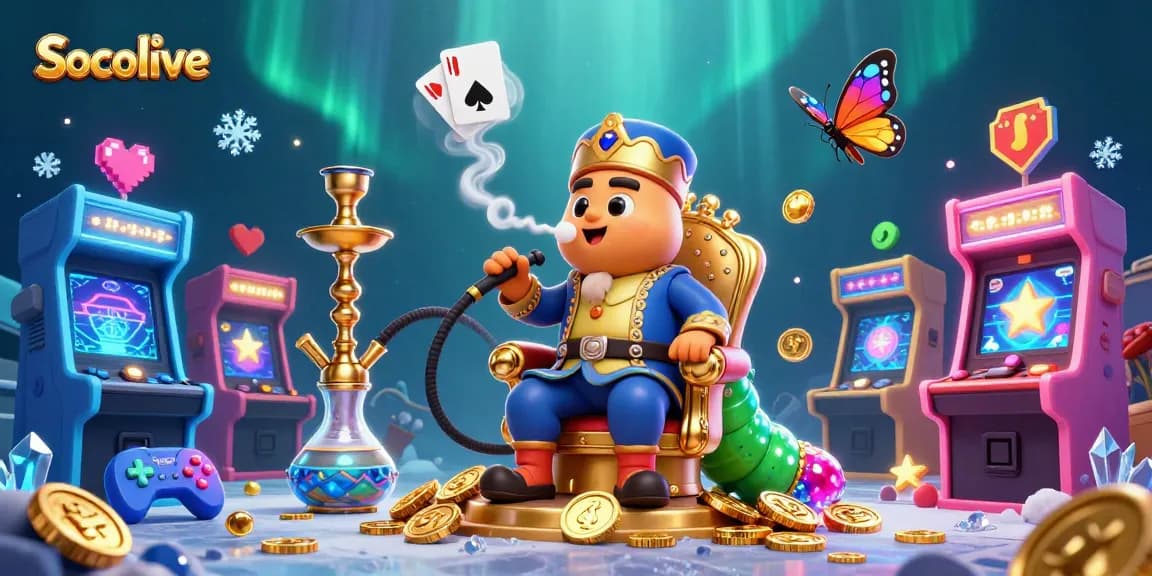 Socolive delivers an immersive gaming experience, featuring a whimsical caterpillar engaging with poker symbols amid a bustling casino background.